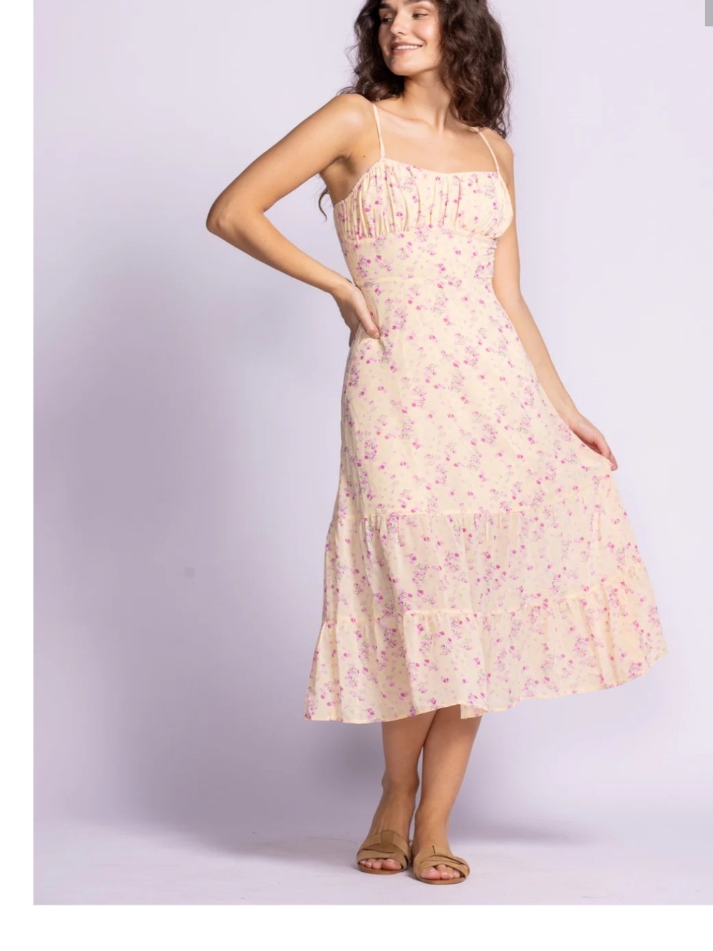 Pink Martini Cream Midi Dress with Pink Floral Print